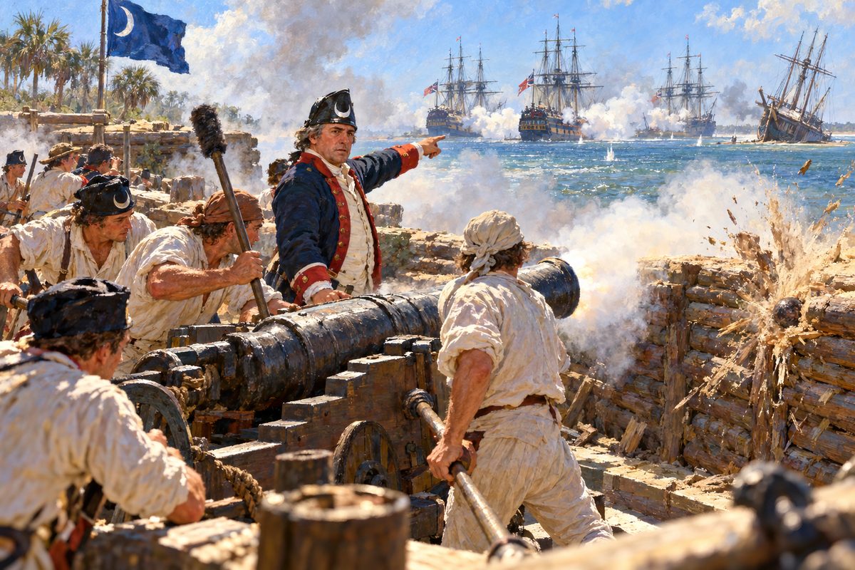 On the gun platform of a log fort a crew in shirtsleeves fires an iron cannon through the parapet in a cloud of smoke, while an officer in a blue coat points at British warships firing across the bright water.