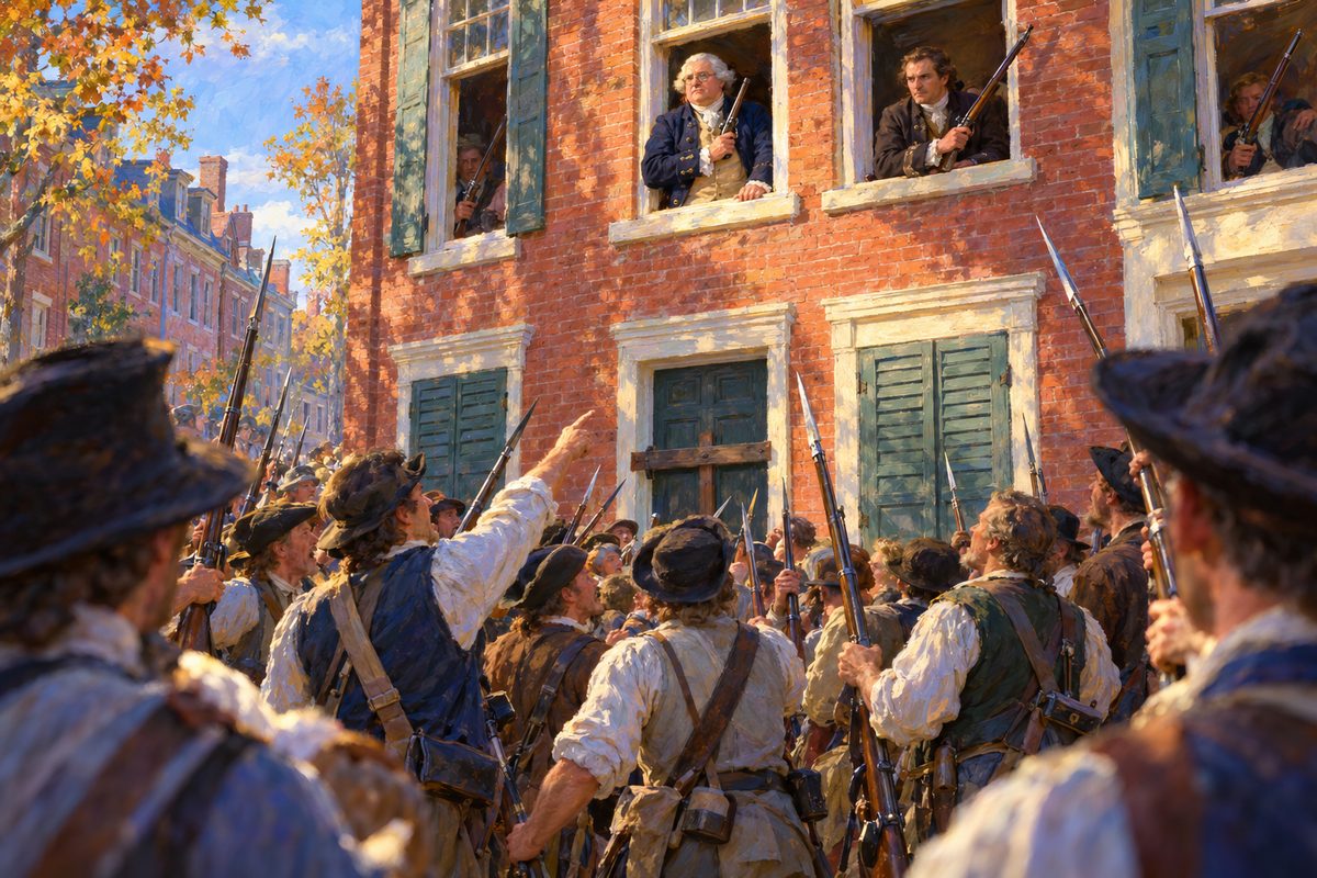 A crowd of militiamen with muskets and bayonets stands in a street looking up at a three-storey brick house, where two men at upper windows hold guns beside gun barrels thrust out over the street.