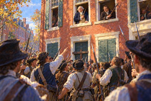 A crowd of militiamen with muskets and bayonets stands in a street looking up at a three-storey brick house, where two men at upper windows hold guns beside gun barrels thrust out over the street.