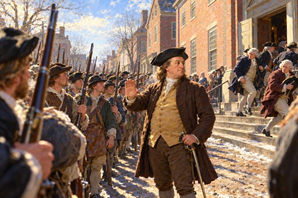 A stout man in a dark coat and cocked hat, one hand raised, halts a long column of militiamen in a cold street before a large plain building as gentlemen in wigs hurry down its steps and away.