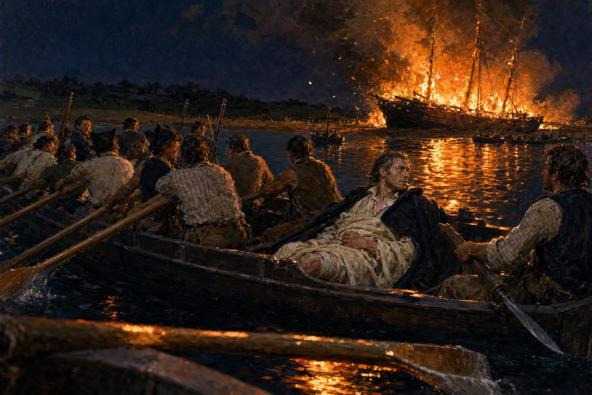 Night on calm water: a longboat full of men at the oars pulls away from a two-masted schooner burning on a low shore, its fire mirrored in the water. In the stern a pale man wrapped in a white blanket and dark coat lies back, looking at the flames.