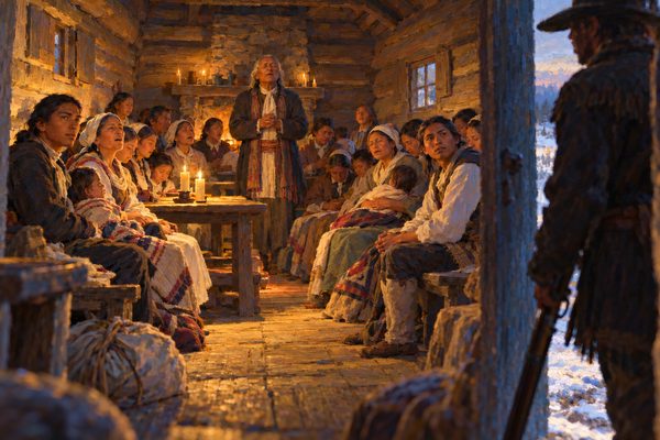 In a dim log chapel at dusk, families sit close together on benches and sing, an old man leading with his eyes closed, while a dark figure with a rifle held low stands in the open doorway at the edge of the frame.