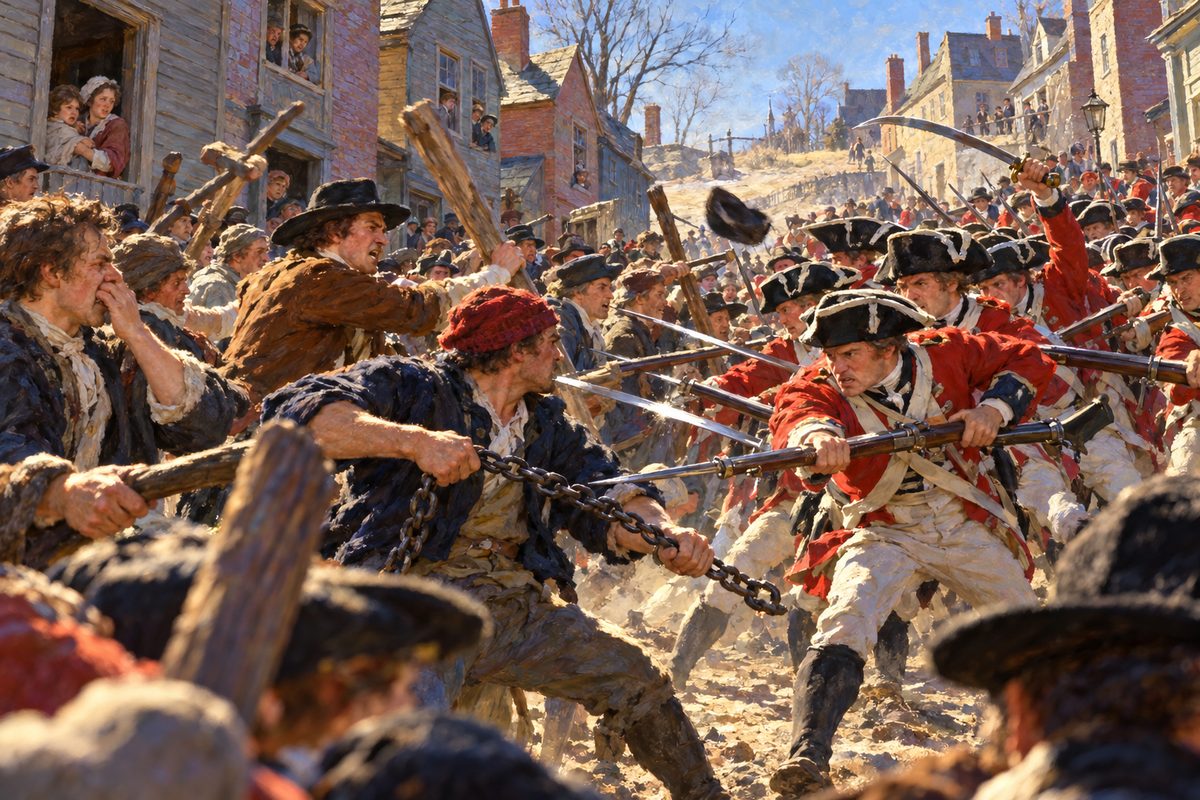 On a sloping winter street red-coated soldiers with bayonets and cutlasses crash into a crowd of sailors and townsmen swinging fence rungs, sticks and a chain, while faces watch from windows and doorways of small houses.