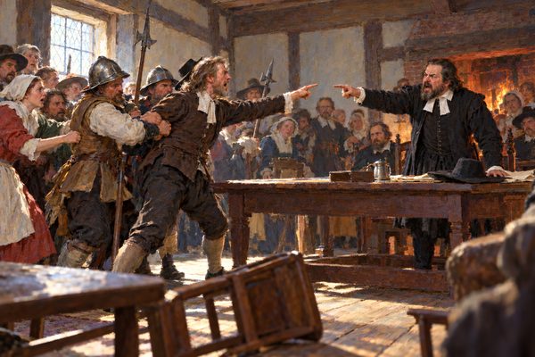 Two men shout and point at each other across a heavy table in a timber-framed room, while guards grip the arms of one and townspeople crowd around, a tipped stool in the foreground.