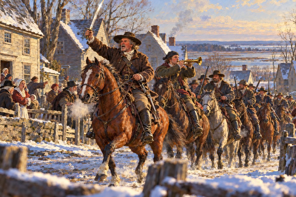 A heavy man in a brown winter coat and broad-brimmed hat rides a bay horse down a village street, sword raised, with a trumpeter at his side and armed riders behind, while villagers watch from their doors.