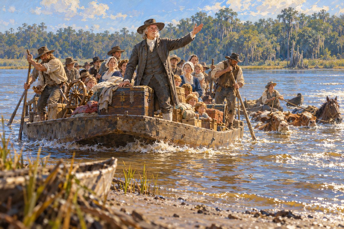 A wide river under a bright sky: a flat boat loaded with chests, tools and families is poled toward the viewer, a plain-dressed man in a broad hat standing at its bow, cattle swimming beside it and a boy in a dugout canoe.