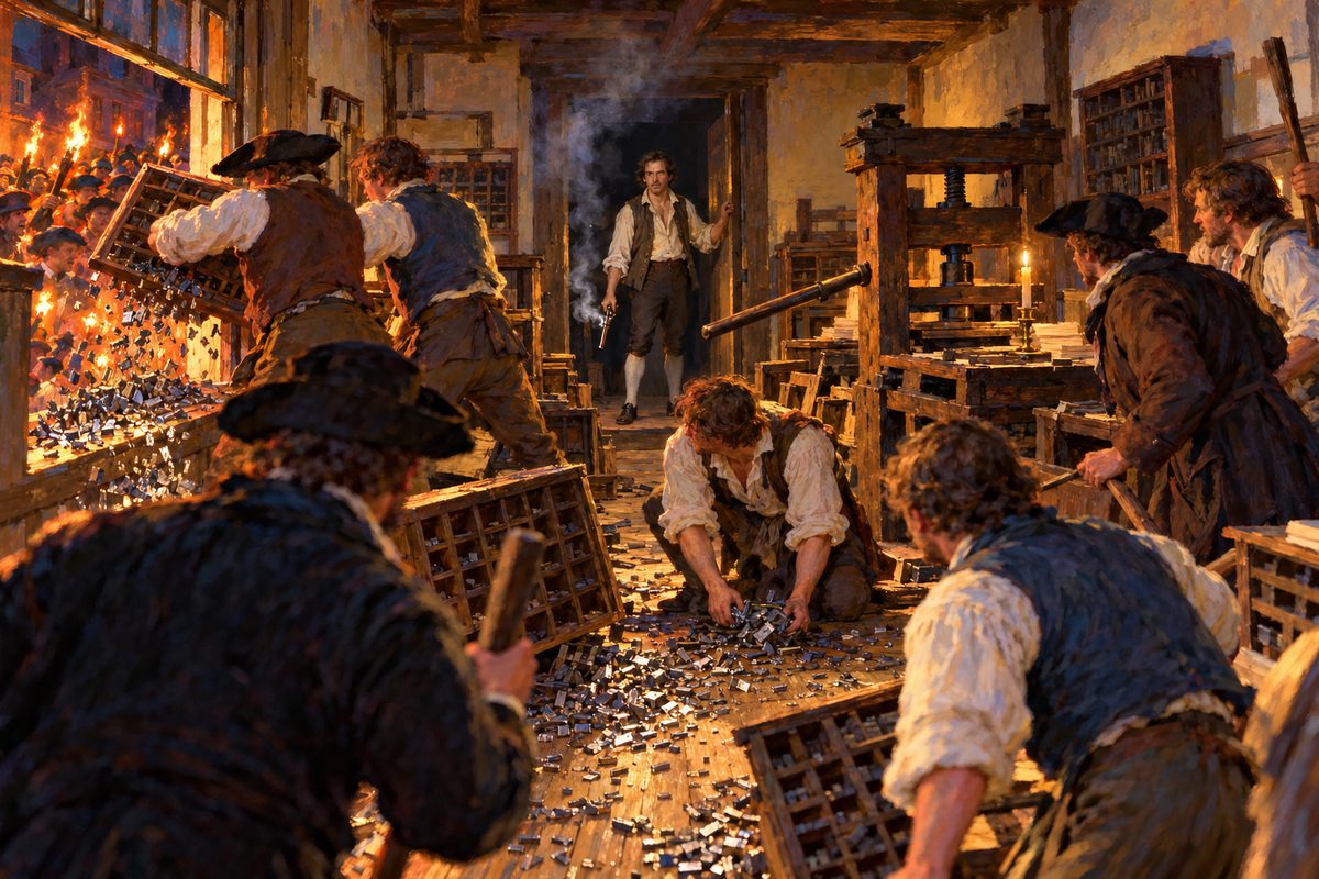 In a dim print shop lit by candle and torchlight, a lean man in shirt and waistcoat stands in a far doorway with a smoking pistol, while men tip a case of metal type across the floor and out of a window.