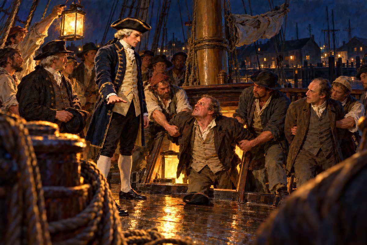 On a lantern-lit ship's deck at night, a tall man in a dark blue coat and wig stands with one hand extended toward the planks while two sailors lift a plain-coated man up out of a hatch, among a ring of watching men.