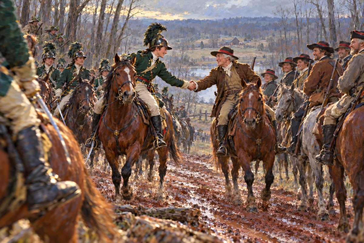 On a muddy road through a winter wood, a young officer in a green jacket and plumed helmet clasps the hand of a grey-haired man in a brown coat while green-coated horsemen ride past with swords held low.