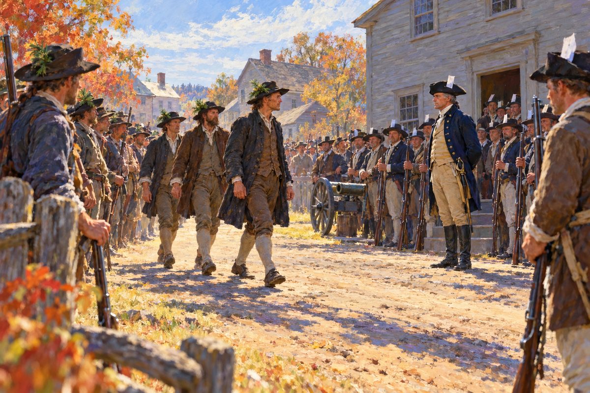 Farmers with green sprigs in their hats crowd one side of a dirt road and militia with white paper in theirs stand on the other, before a small wooden courthouse, as three plainly dressed men walk across between them.