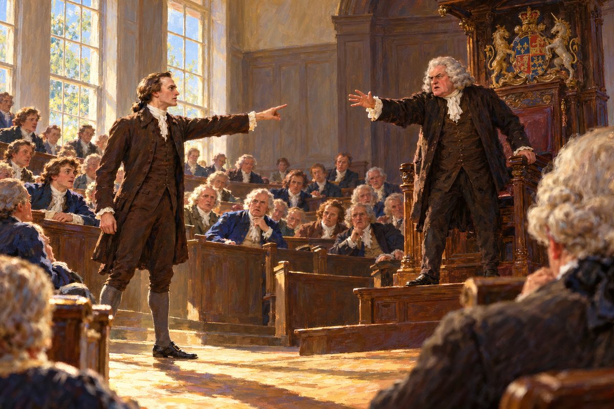 In a wood-paneled hall a young man in a dark coat stands among benches of wigged gentlemen, one arm stretched toward a canopied chair where an older man in a grey wig has risen, hand flung out, as the whole room turns to watch.