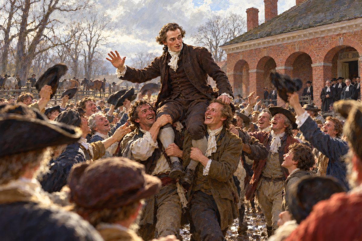 A young man in a dark coat rides high on the shoulders of four men across a muddy yard, one hand raised, as a crowd of farmers and townsmen cheers and waves hats before a brick courthouse with arched doorways.