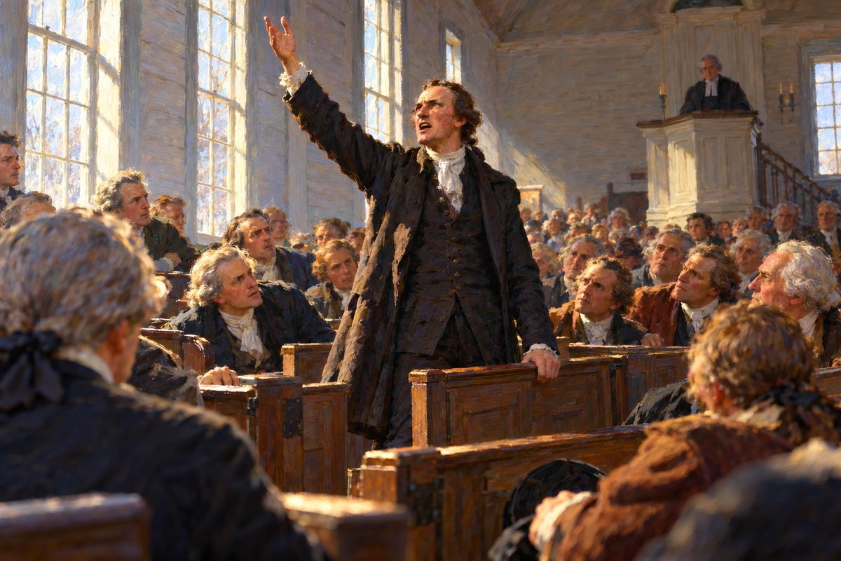 In a plain wooden church a lean man stands upright in a box pew, one arm thrust high, as rows of wigged delegates in dark coats lean toward him in the cold light from tall windows.