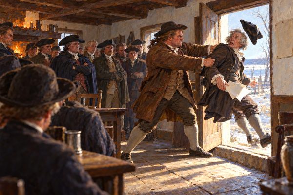 In a low tavern room a big man in a greatcoat grips a thin man in a wig by the collar and shoves him out through a sunlit doorway, his hat flying, while a ring of silent merchants looks on.