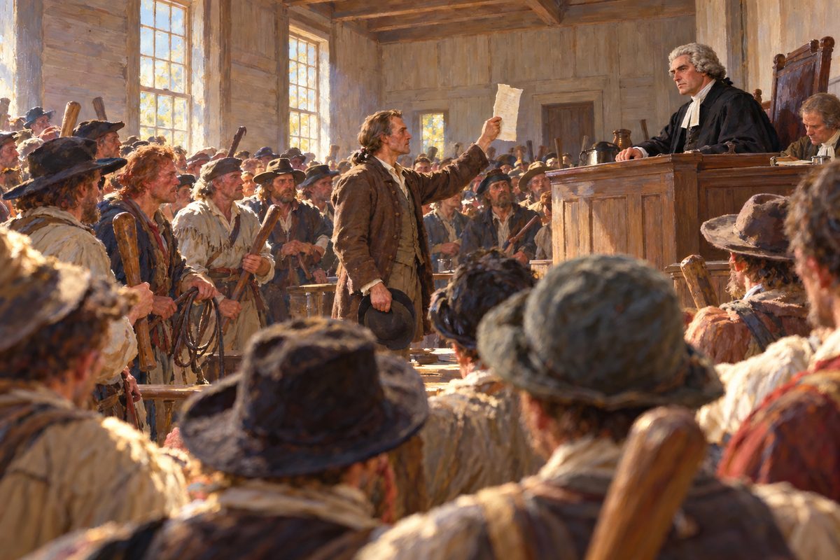 In a plain timber courtroom packed with men in hunting shirts and felt hats holding clubs and whips, a lean farmer holds up a paper before a wigged judge seated at a raised bench.