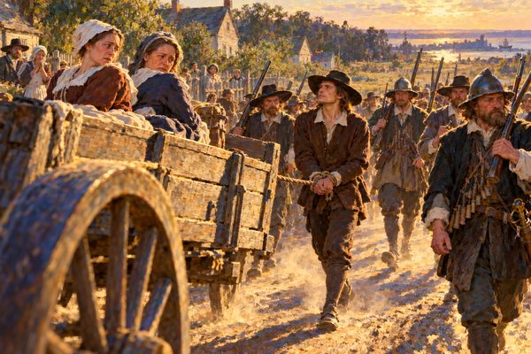 A young bearded man in a plain dark coat and broad hat walks bound behind a cart on a dusty road, two women in the cart looking back at him, musketeers marching on both sides in low sun.