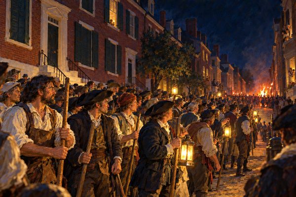 On a night street lit by hand lanterns, ranks of workmen in aprons and round hats stand holding sticks before a shuttered brick house, all turned toward a far orange glow at the end of the street.