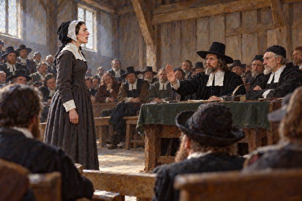A pale woman in a dark gown and white coif stands alone on a plank floor before a grave man in black who raises a hand to silence her, while rows of seated men in black watch from the benches.