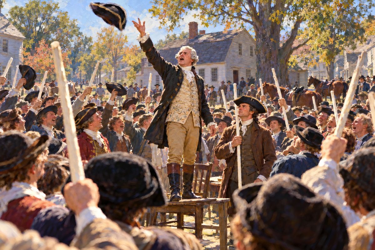 In a sunlit village street a man in a wig and long coat stands on a wooden chair, one arm flung up as his cocked hat sails into the air, ringed by a crowd of men raising pale staves and hats, with horses and clapboard houses behind.