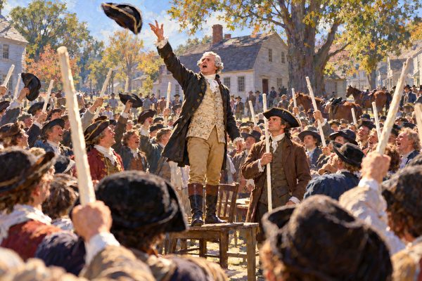 In a sunlit village street a man in a wig and long coat stands on a wooden chair, one arm flung up as his cocked hat sails into the air, ringed by a crowd of men raising pale staves and hats, with horses and clapboard houses behind.