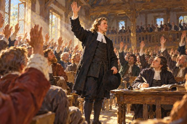 A very tall man in a black coat stands in the aisle of a plain timber hall with one arm raised, while rows of farmers on benches lift their hands, and a clerk at a table looks up from his quill.