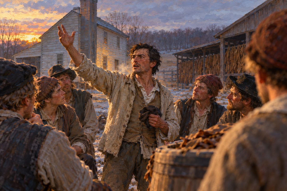 A lean man in a rough canvas coat raises one arm in a cold farmyard at dusk, speaking to a ring of poorly dressed men who watch him closely, with a wooden farmhouse and barn behind them.
