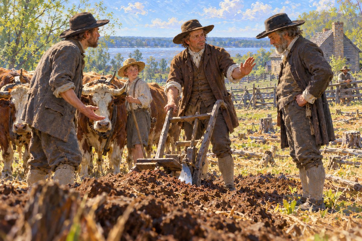 A farmer in a plain broad hat stands at his plow behind halted oxen, one hand raised, between two neighbors who face him in a stump-dotted spring field beside a plank farmhouse.