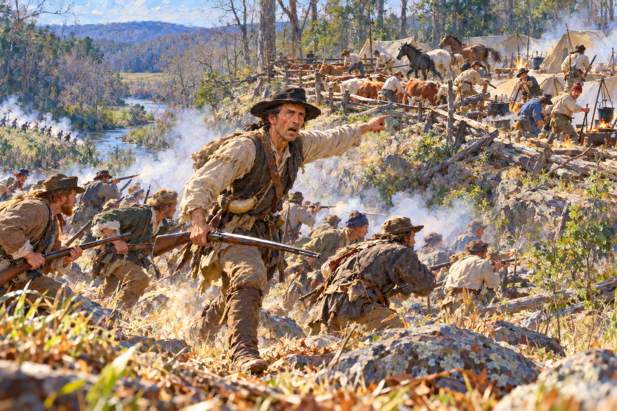 Up a rocky winter hillside a lean man with one arm thrown forward runs at the head of a rush of homespun militiamen, rifle smoke streaming, toward a camp where men scatter among penned cattle and loose horses.