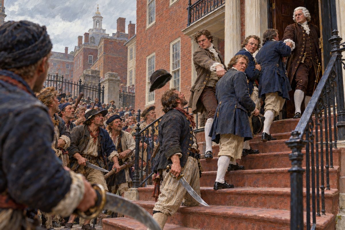 In a brick house's courtyard a governor in a white wig stands on the top step at his door drawing in a naval officer, while below a seaman with a cutlass loses his hat to a blow and a crowd of armed seamen looks up.