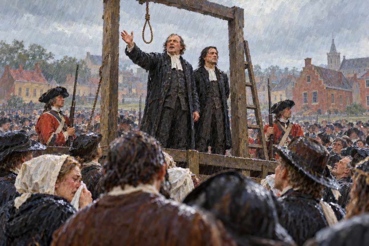Two men in dark wet coats stand bareheaded on a plank scaffold in the rain, one with a hand raised, before a packed crowd of weeping townspeople, under a timber gallows from which a single empty noose hangs.
