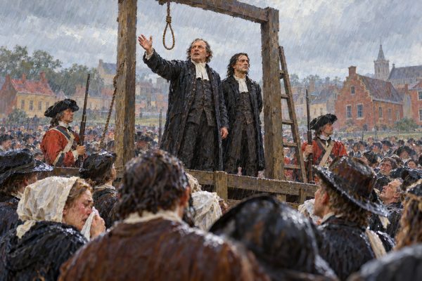 Two men in dark wet coats stand bareheaded on a plank scaffold in the rain, one with a hand raised, before a packed crowd of weeping townspeople, under a timber gallows from which a single empty noose hangs.