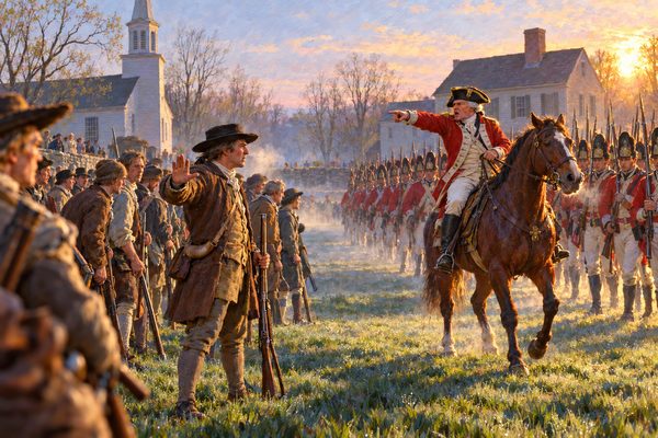 At dawn on a village green, a mounted officer in a red coat flings out an arm and shouts at a line of farmers in mismatched coats and hats, while their captain, hand raised, turns toward him; redcoats in black caps stand behind.