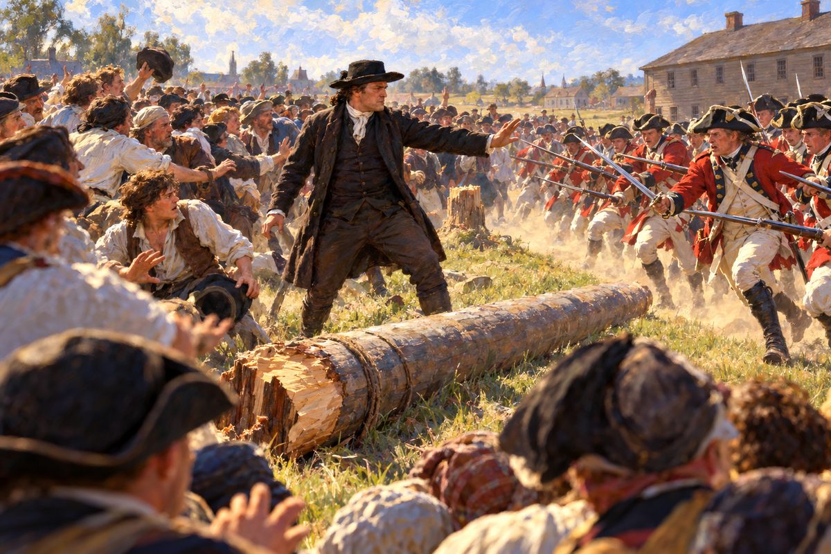On a dusty common a crowd of tradesmen and sailors falls back around a felled pine mast as red-coated soldiers rush in with bayonets and drawn swords, a stocky man in a dark coat standing ahead of the crowd with one hand raised.
