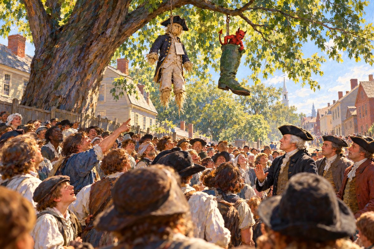 Under a great elm in summer light, a crowd of tradesmen, sailors and women look up at a straw figure in a coat and a green boot with a small devil hanging from a branch, while a gentleman and two deputies hold back at the crowd's edge.
