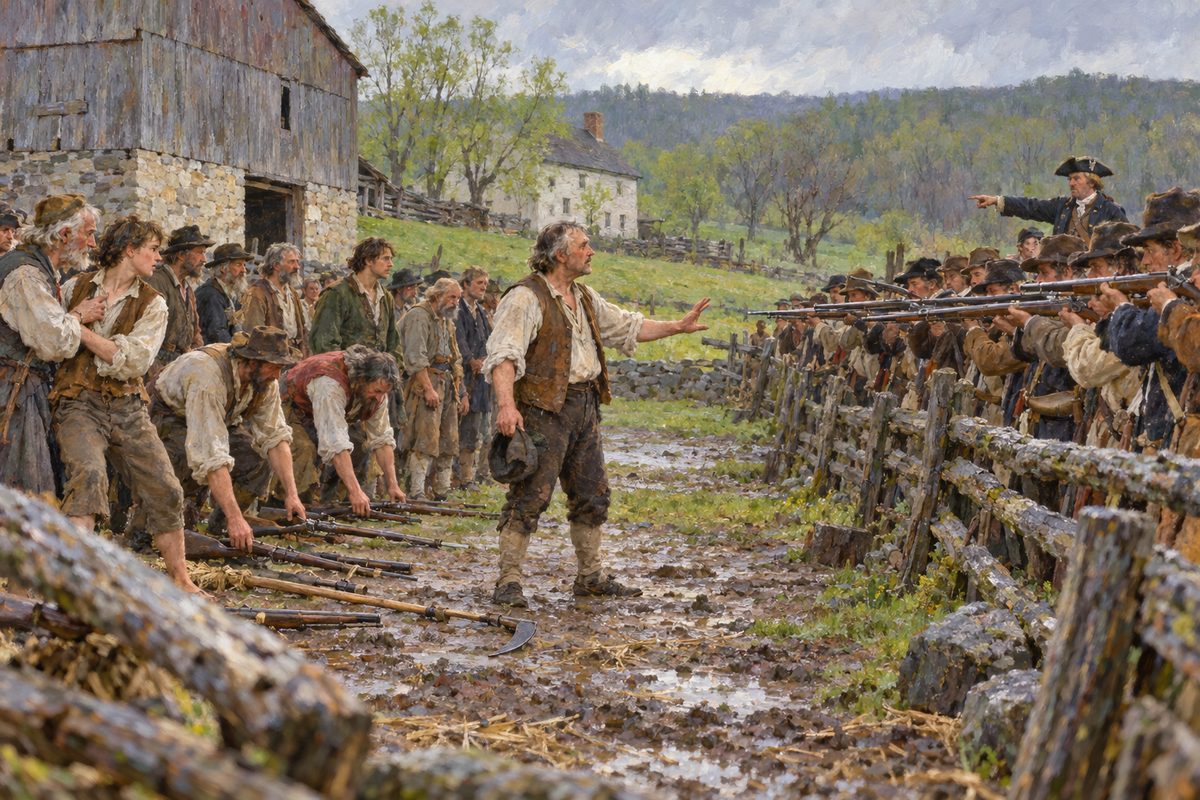 In a hill farmyard, a bareheaded farmer stands alone with open hands before a line of militia aiming muskets from a rail fence, while ragged men behind him set their old guns on the ground.