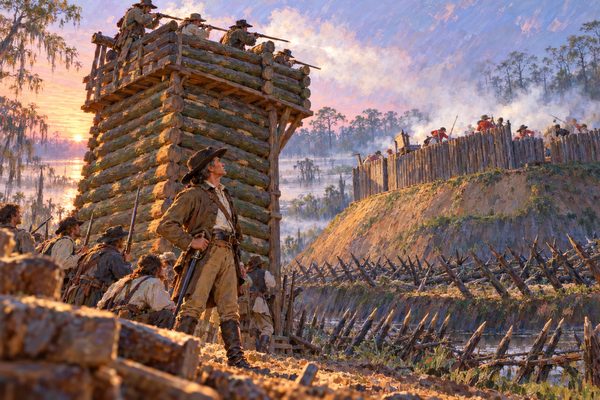 At dawn a tall tower of notched pine logs rises over open ground, riflemen on its top platform firing down over the stockade of a fort on a steep earth mound, while a lean officer at the tower’s foot watches.