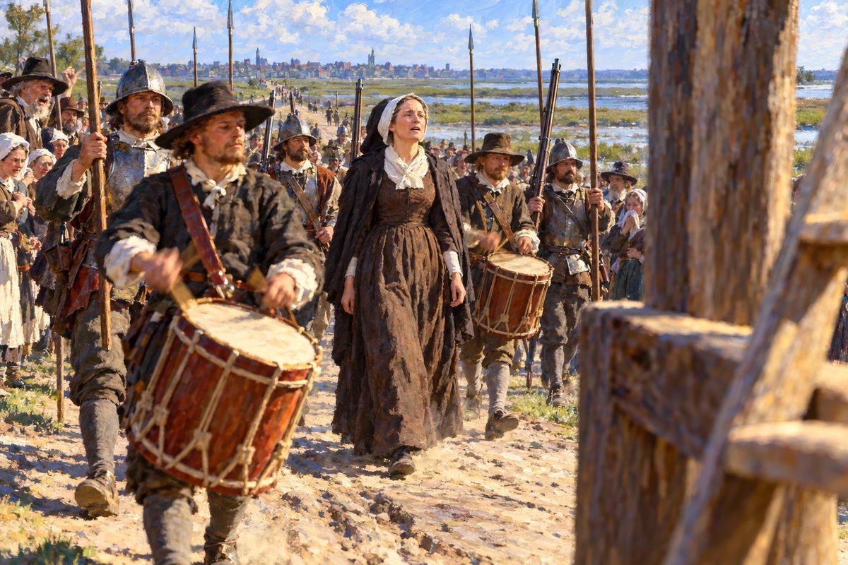 A calm woman in a plain brown dress and white linen cap walks up a dusty marsh road between two drummers and soldiers carrying tall pikes, toward the blurred timber post of a gallows at the right edge of the picture.