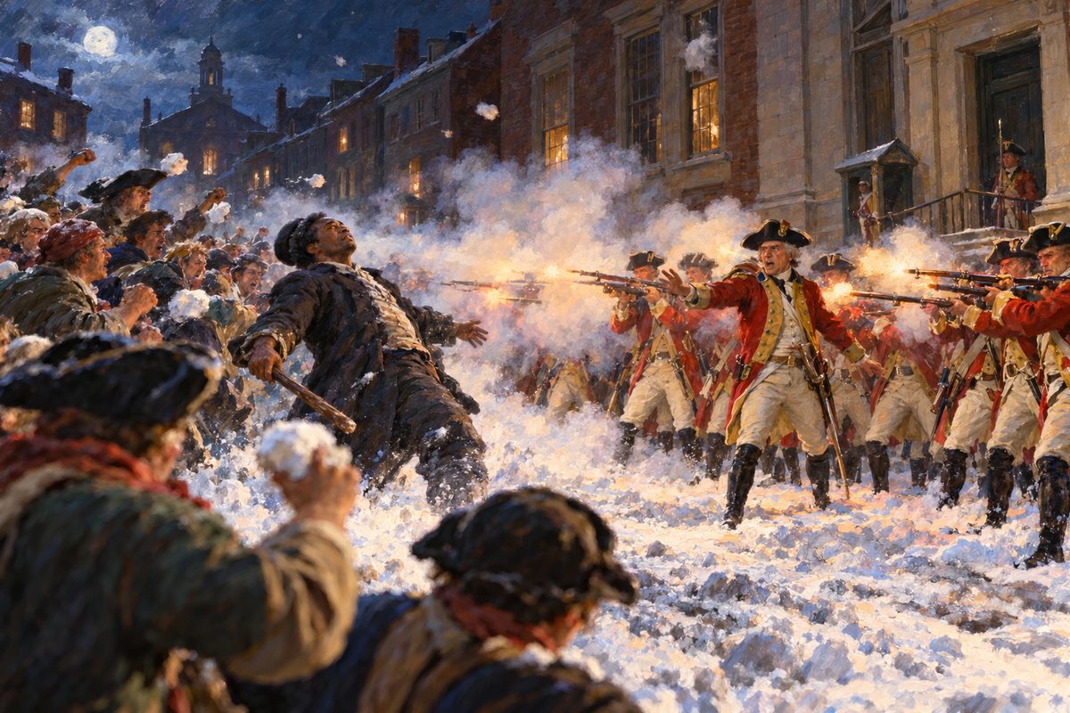 On a snowy night a line of redcoated soldiers fires muskets into a crowd, white smoke billowing, while a tall man at the front of the crowd staggers backward, a stick slipping from his hand, before a two-story building with one lit window.