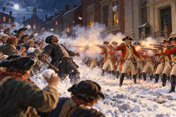 On a snowy night a line of redcoated soldiers fires muskets into a crowd, white smoke billowing, while a tall man at the front of the crowd staggers backward, a stick slipping from his hand, before a two-story building with one lit window.