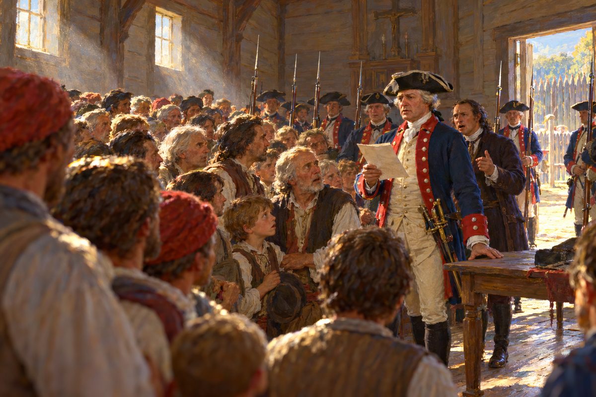 Packed Acadian men and boys in a plain timber church turn toward a blue-coated officer who stands among them reading from a paper, with soldiers holding bayonets upright along the wall and daylight through the open door.