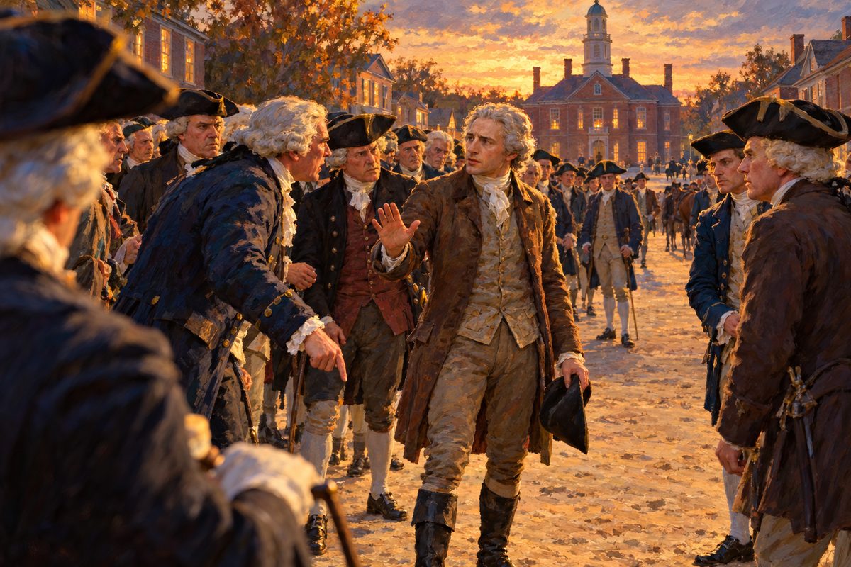 In a wide sandy street at dusk a dusty, pale man stands alone with one hand raised, hat in the other, ringed by gentlemen in good coats and wigs who lean in to press him, with a long brick building at the end of the street.