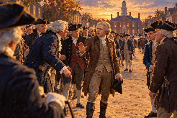 In a wide sandy street at dusk a dusty, pale man stands alone with one hand raised, hat in the other, ringed by gentlemen in good coats and wigs who lean in to press him, with a long brick building at the end of the street.