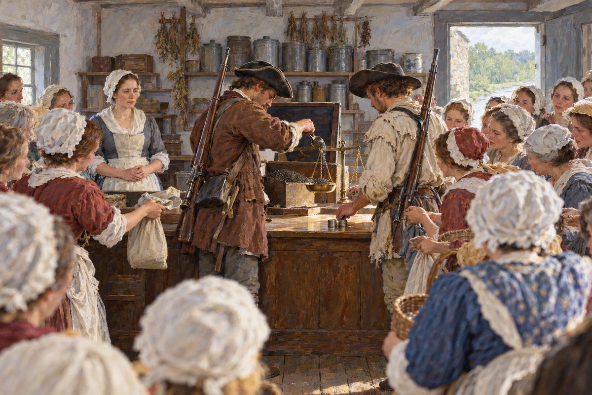In a country store a crowd of women in caps and aprons holds out bags and baskets round a counter where two soldiers weigh tea from an open chest and stack a few coins, watched by a pale woman behind the counter.