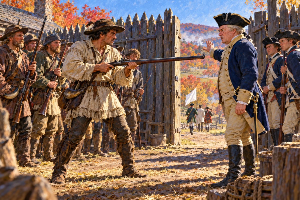 Inside a log stockade a dark-haired rifleman in a hunting shirt levels his long rifle from the hip at a pale major in a blue coat who gestures toward a half-open gate, while grim militiamen look on behind him.