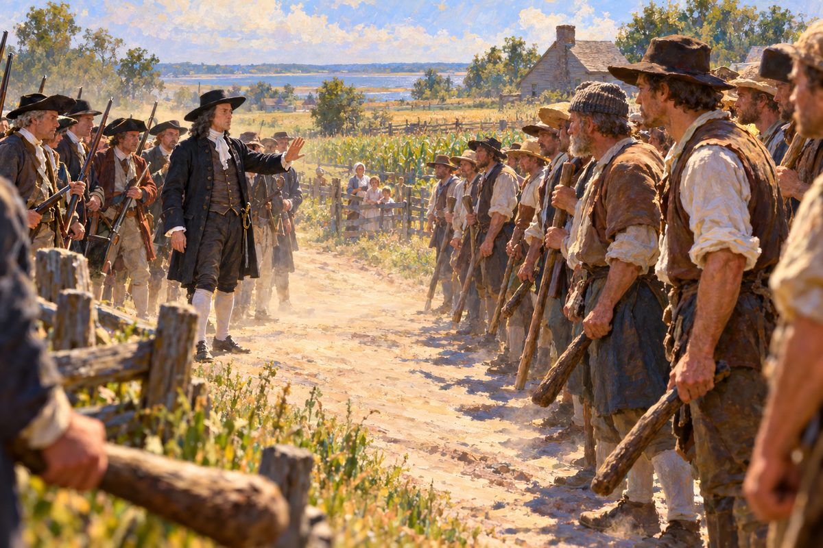 Farmers in wool coats and broad hats stand across a sandy country road holding clubs at rest, facing a governor in a periwig and his halted posse, under a hazy summer sky with fenced fields behind.