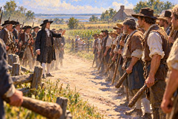 Farmers in wool coats and broad hats stand across a sandy country road holding clubs at rest, facing a governor in a periwig and his halted posse, under a hazy summer sky with fenced fields behind.