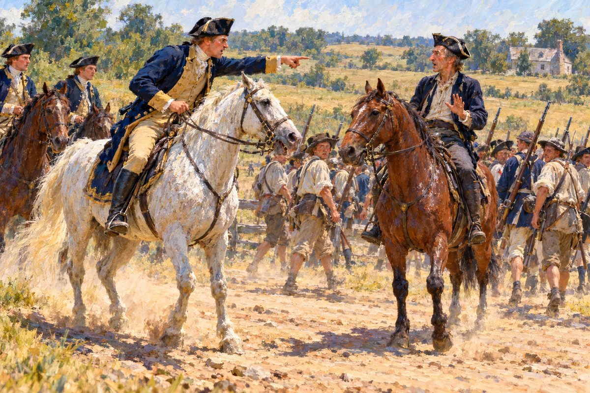 Under a hot noon sun a tall rider on a white horse thrusts out an arm and shouts at a thin man on a brown horse who shrinks back, while tired soldiers in shirtsleeves file past behind them on a dusty road.