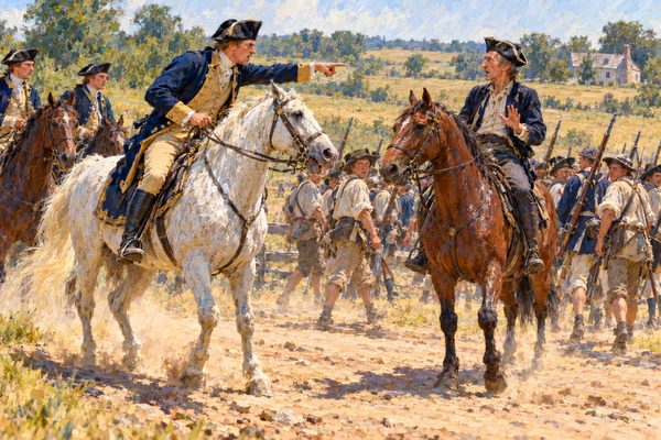 Under a hot noon sun a tall rider on a white horse thrusts out an arm and shouts at a thin man on a brown horse who shrinks back, while tired soldiers in shirtsleeves file past behind them on a dusty road.