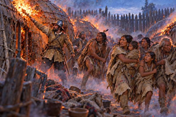 In a narrow lane of mat-covered wigwams, a helmeted soldier holds a burning brand to a roof as flames and smoke spread, while Pequot men, women and children move away, looking back at the fire.