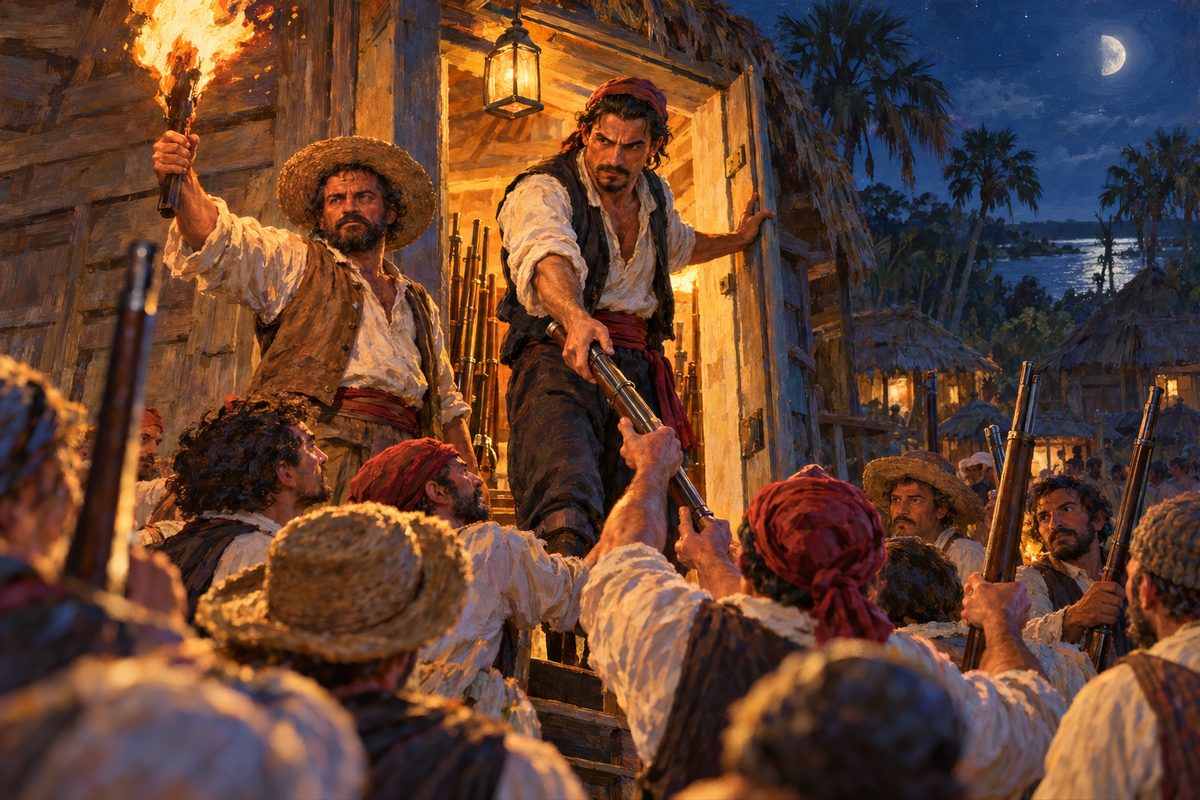 At night a dark-haired man in a vest and sash stands on a lit doorstep passing a musket down to reaching hands, a grim man with a blazing torch beside him, a crowd of straw-hatted laborers below, thatched huts and palms behind.